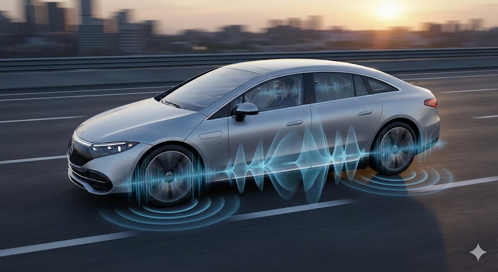 Electric vehicle driving on highway showing road noise waves